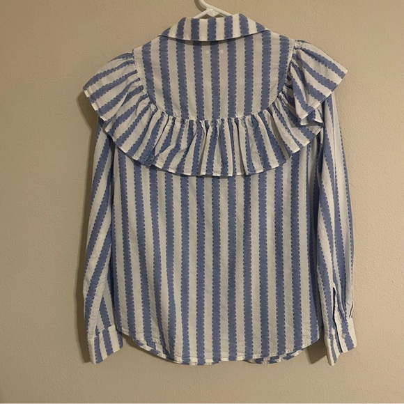 Clare V Charlotte Ruffled Striped Blue/White Blouse Size XS - Picture 5 of 10